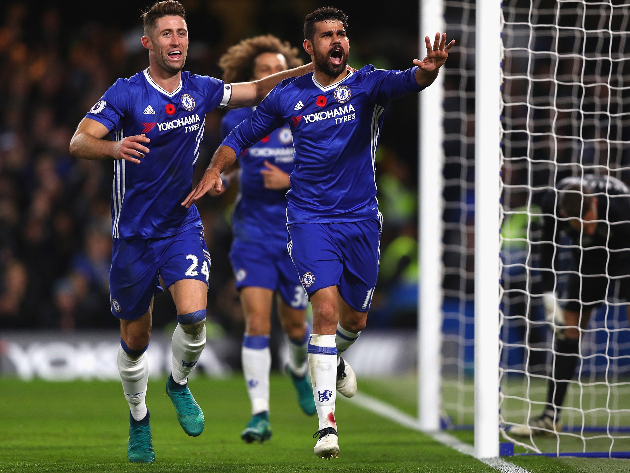 Diego Costa peels away with Gary Cahill after scoring Chelsea's third goal