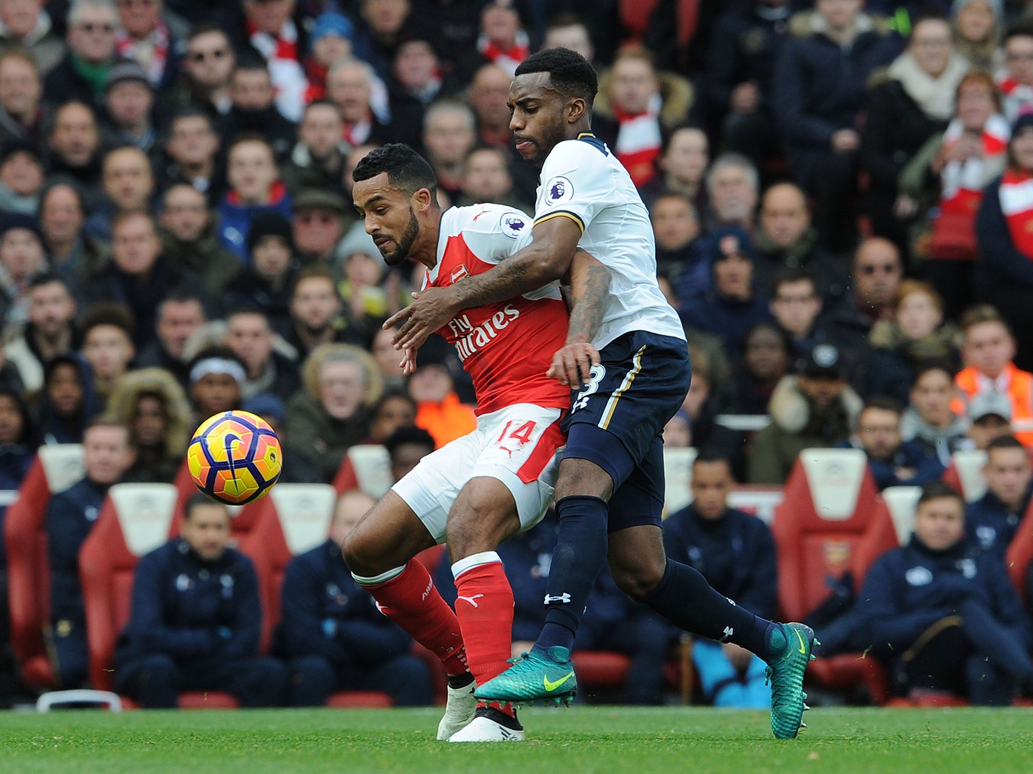 Danny Rose grapples with Theo Walcott