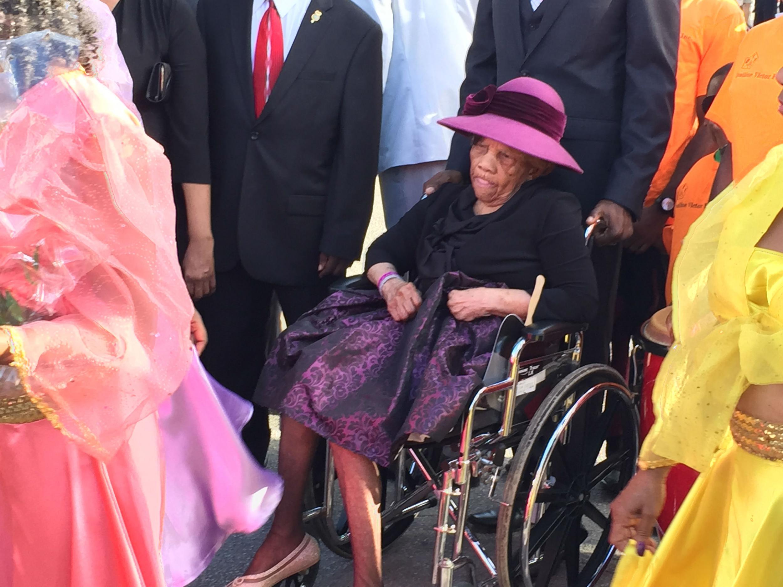 Desiline Victor, 106, on her way to vote for Hillary Clinton in the library wing in North Miami that has been named after her