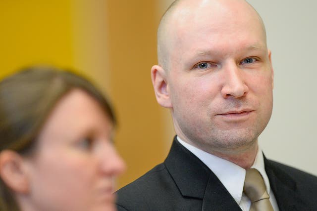 Norwegian mass killer Anders Behring Breivik attends a makeshift court in Skien prison earlier this year