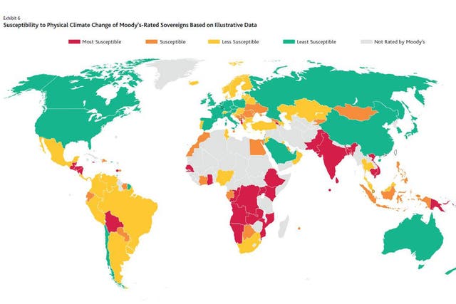 A map showing the countries which are most susceptible to the effects of climate change on their ability to repay sovereign debt