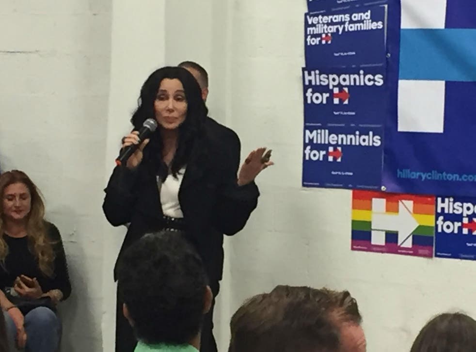 Cher speaking to volunteers and Clinton staff at a private pep rally in Miami