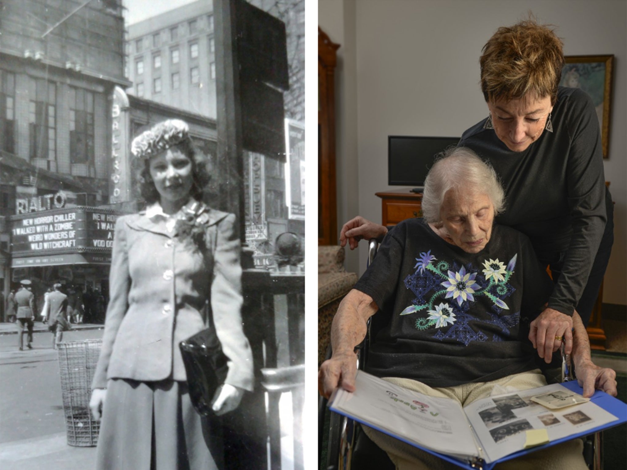 Gladys on a trip to New York shortly after her marriage in 1943 and pictured today with her daughter, Mary Ament Streb