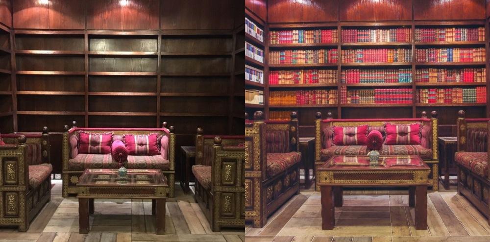 Rawi Cafe in Riyadh before and with its now empty book shelves (L)