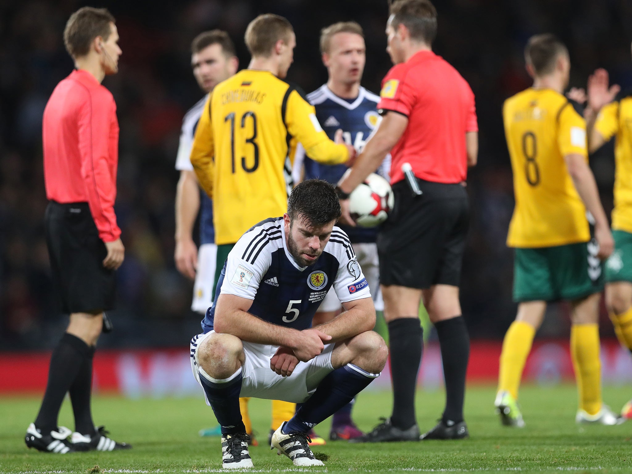 Scotland's Grant Hanley reacts to the draw with Lithuania at Hampden Park