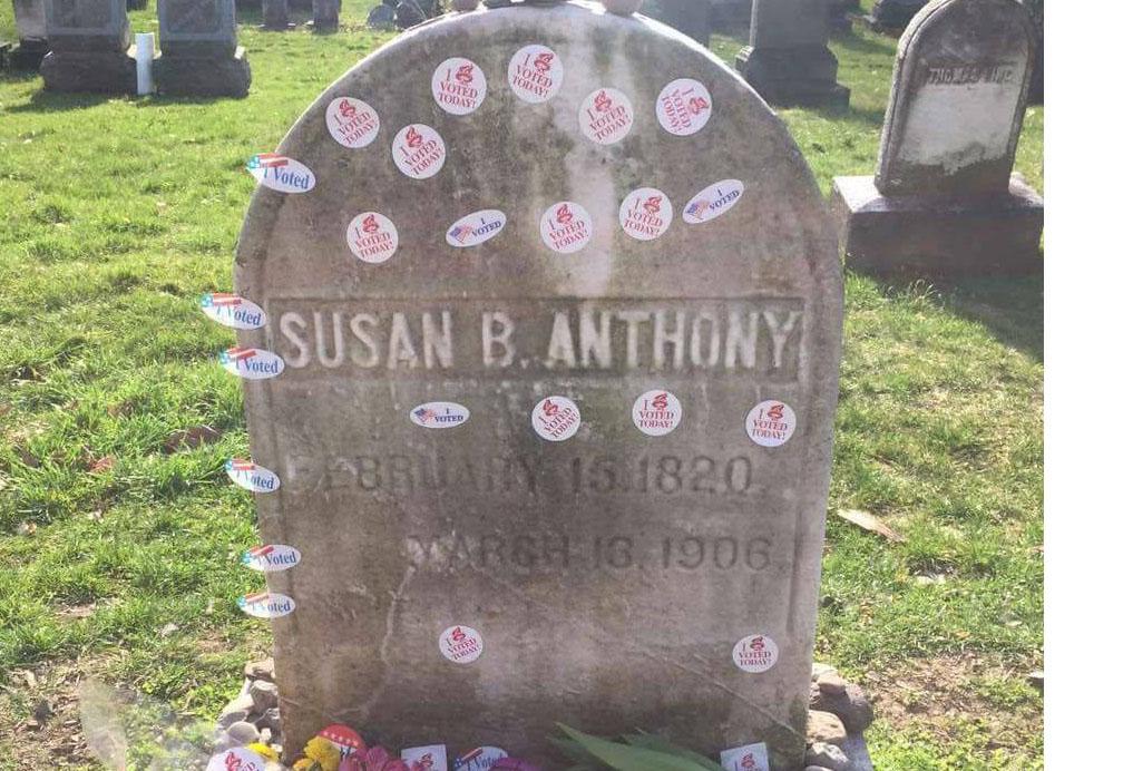Susan B. Anthony's grave in the early hours of polling day, before hundreds more voters arrived to pay tribute