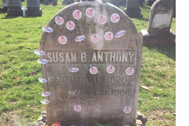Susan B. Anthony's grave in the early hours of polling day, before hundreds more voters arrived to pay tribute