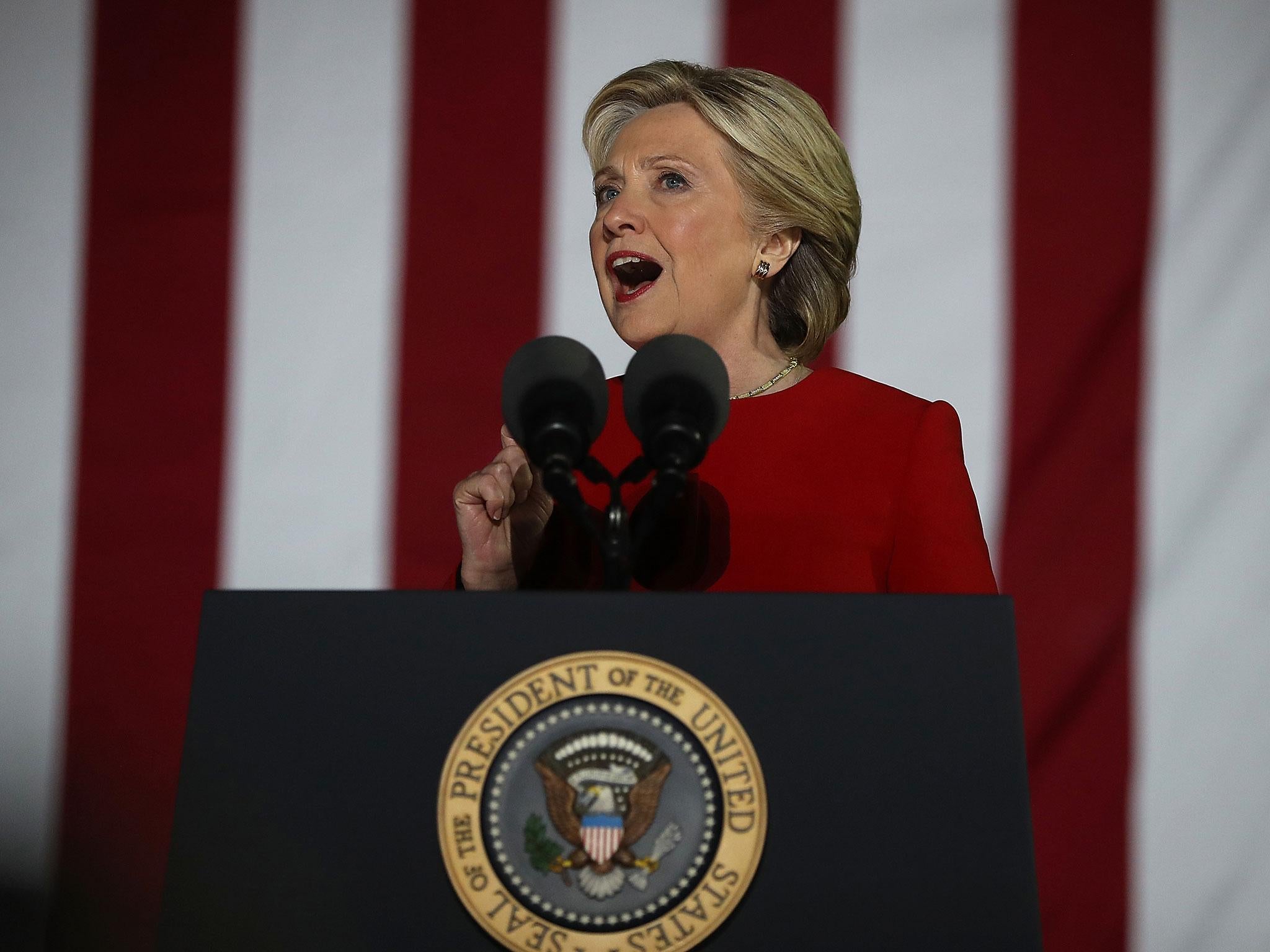 : Democratic presidential nominee former Secretary of State Hillary Clinton speaks during a campaign rally on Independence Mall on 7 November, 2016 in Philadelphia Pennsylvania