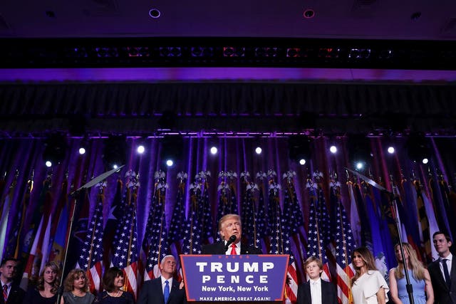 Trump delivers his acceptance speech during his election night event at the New York Hilton Midtown in the early morning hours