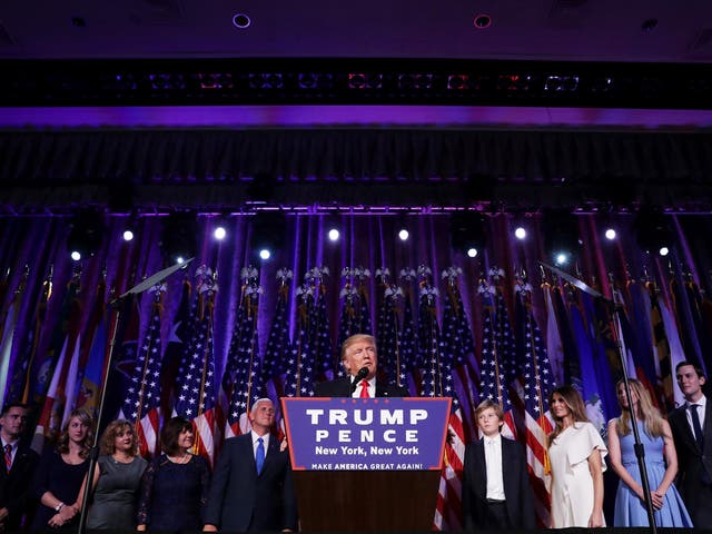 Trump delivers his acceptance speech during his election night event at the New York Hilton Midtown this morning 