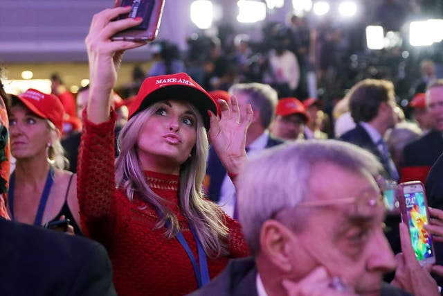 A woman takes a selfie during Republican presidential candidate Donald Trump's election night event in New York 