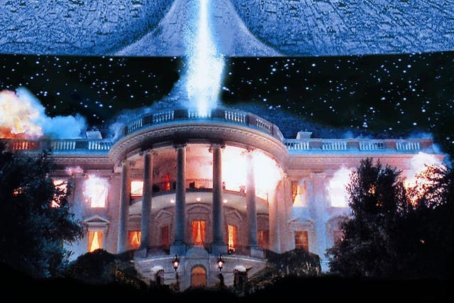 <p>A scene from the 1996 science fiction film Independence Day, where aliens destroy the White House </p>