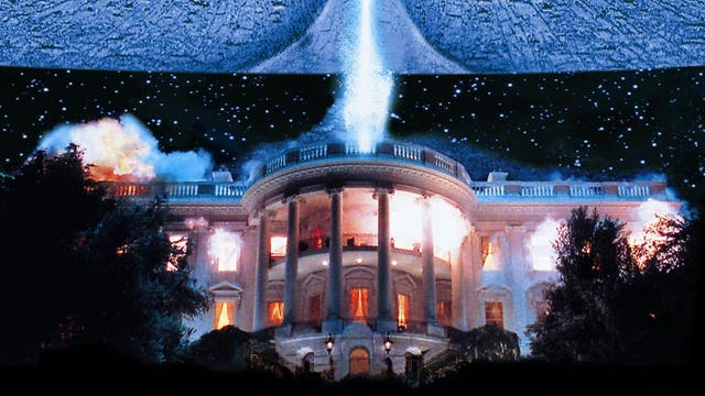 <p>A scene from the 1996 science fiction film Independence Day, where aliens destroy the White House </p>