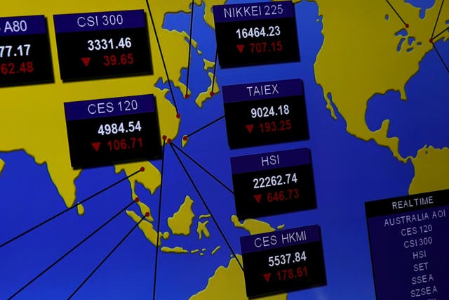 A panel displaying stock indices of Asian markets at Hong Kong Exchanges in Hong Kong, China November 9
