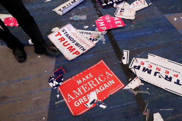 The discarded signs following Republican presidential nominee Donald Trump's election night rally at the New York Hilton Midtown in Manhattan