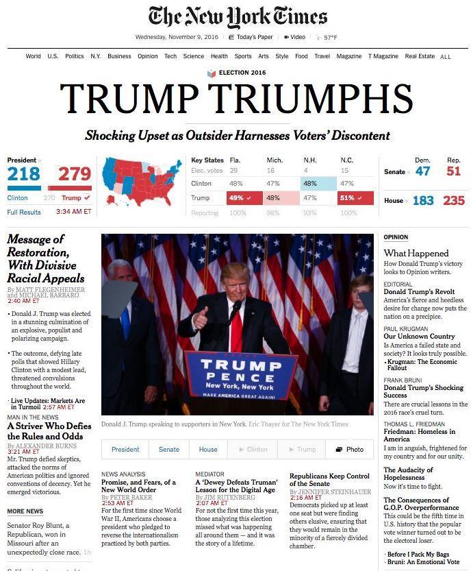 The New York Times November 9 frontpage