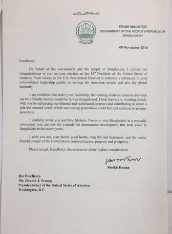 Bangladeshi prime minister Sheikh Hasina's letter to President-elect Donald Trump