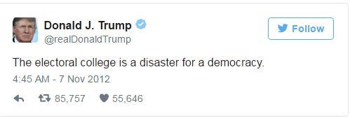 Mr Trump's tweet against the Electoral College system, written in 2012 (Twitter/screengrab )