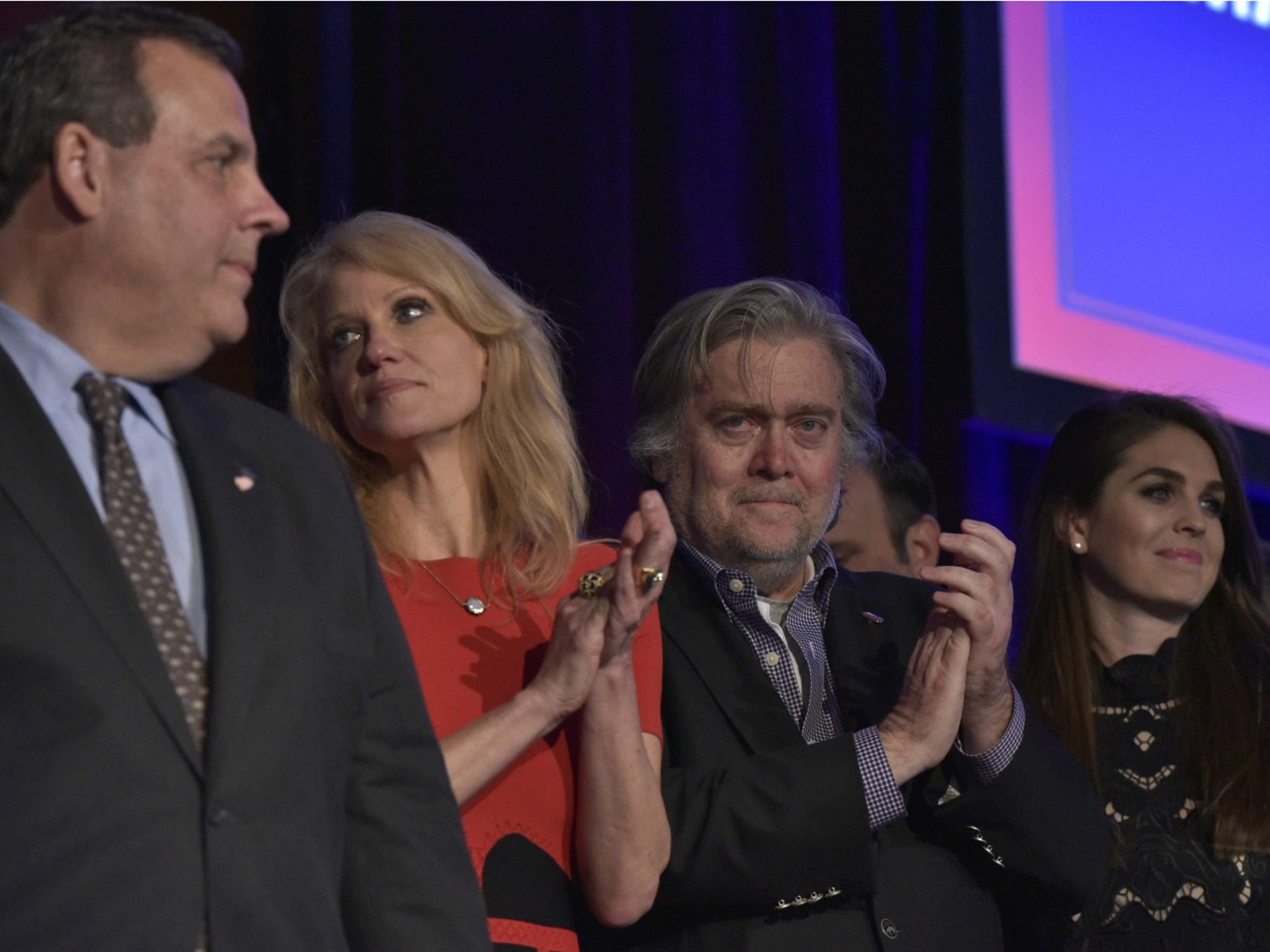 Campaign chief executive Stephen Bannon (centre) at Trump's victory party