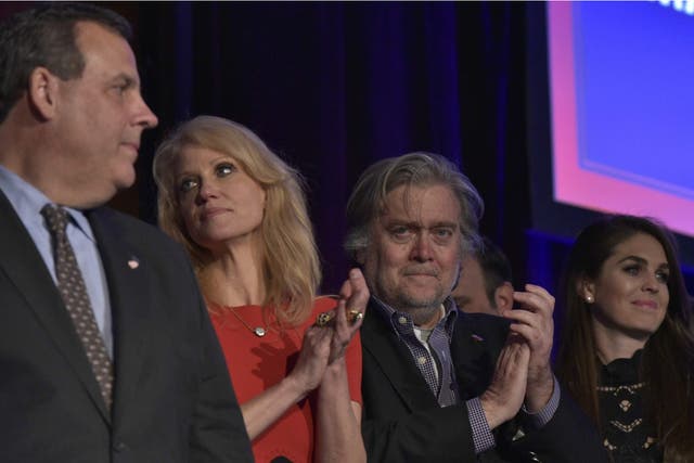 Campaign chief executive Stephen Bannon (centre) at Trump's victory party 