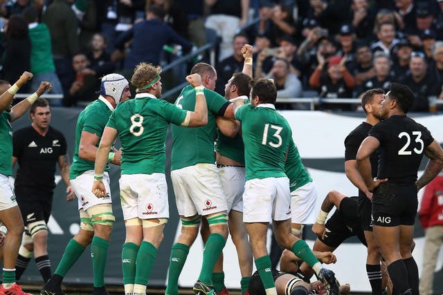 The Irish players celebrate Robbie Henshaw's try during 40-29 win over All Blacks last weekend