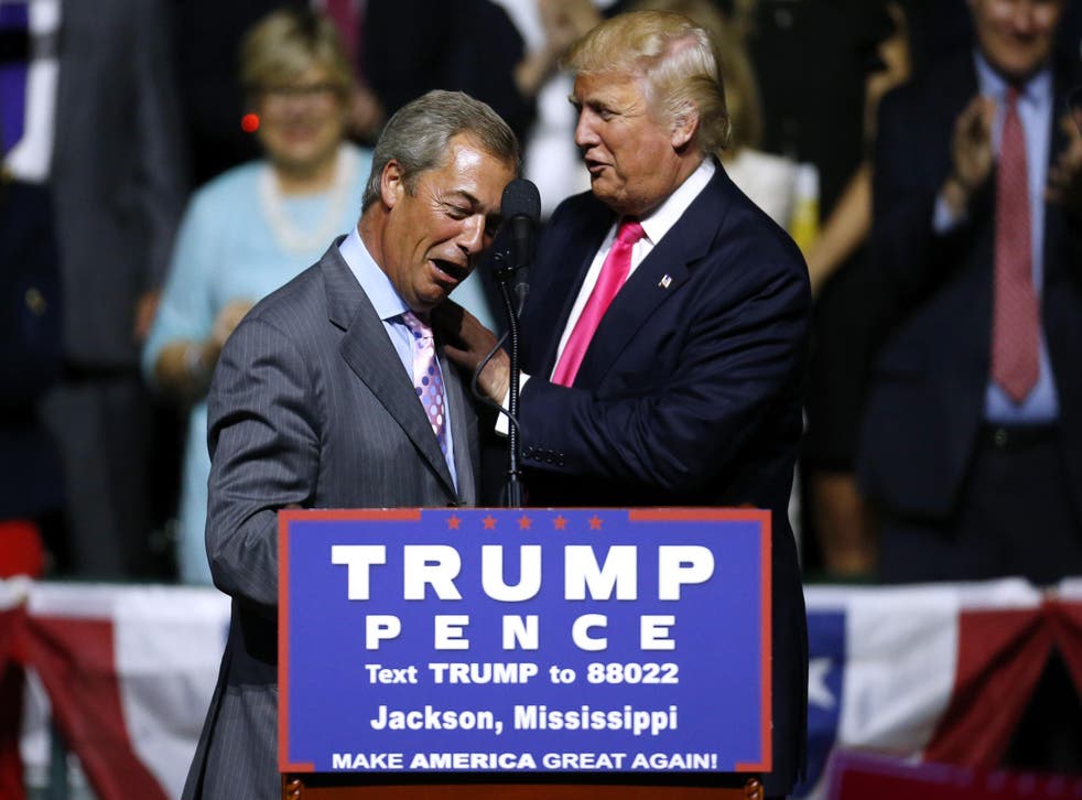 Farage stood by Trump over the allegations that he abused women. ‘They couldn’t care less,’ he said after meeting Trump supporters