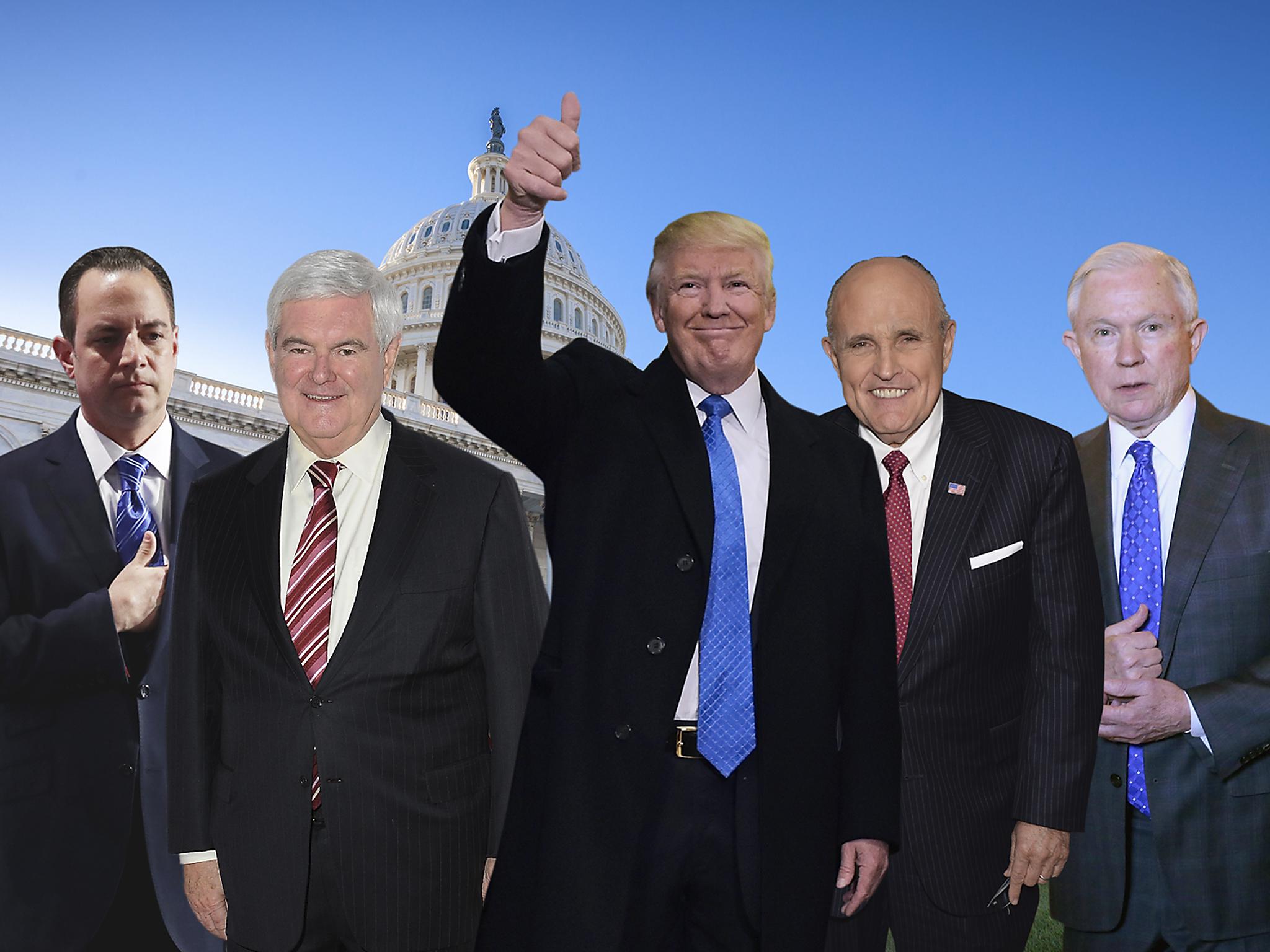 From left to right: Reince Priebus, Newt Gingrich, Donald Trump, Rudy Guiliani, Jeff Sessions