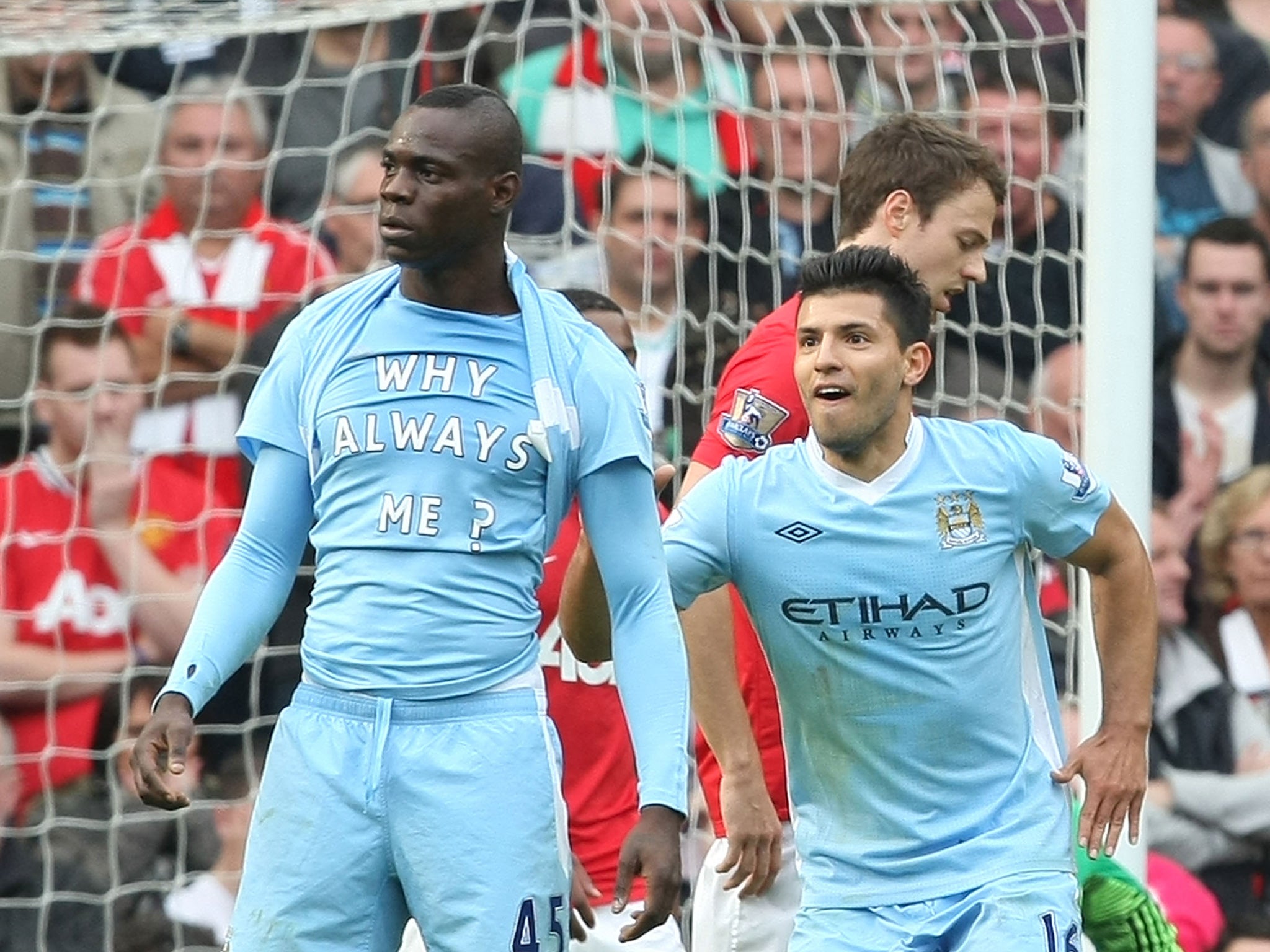 &#13;
Mario Balotelli famously scored in City's 6-1 demolition at Old Trafford &#13;