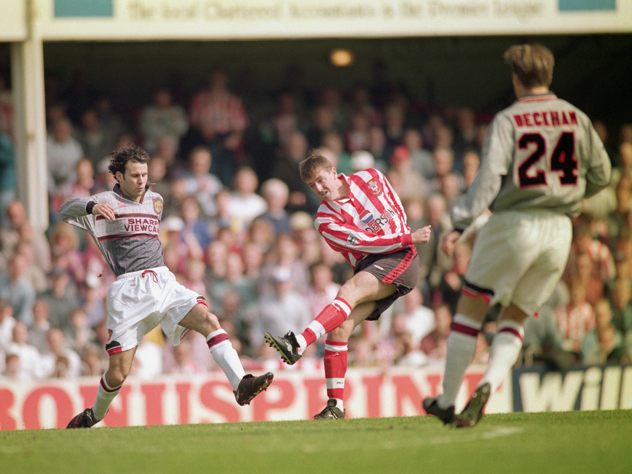 &#13;
An unmarked Matt Le Tissier, in acres of space, strikes for Southampton &#13;