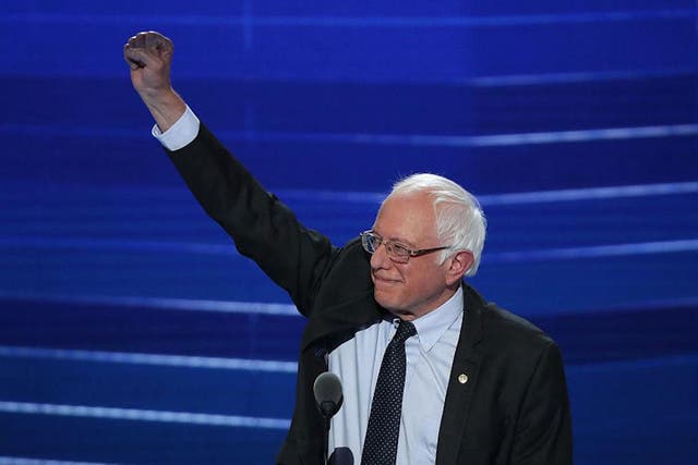 Bernie Sanders acknowledges the crowd before delivering remarks on the first day of the Democratic National Convention at the Wells Fargo Center, July 25, 2016 in Philadelphia, Pennsylvania.