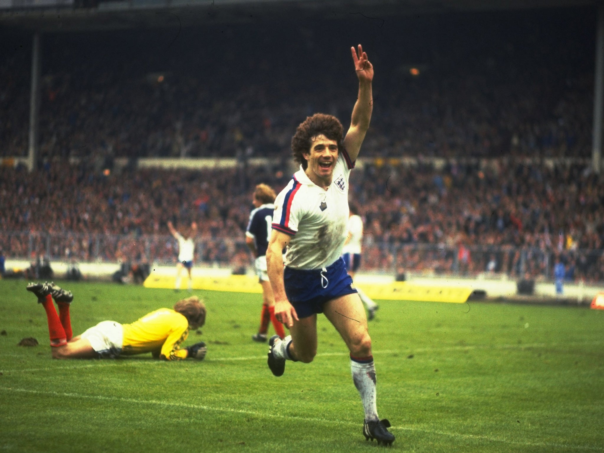 Keegan wheels away after scoring against Scotland at Wembley in 1979