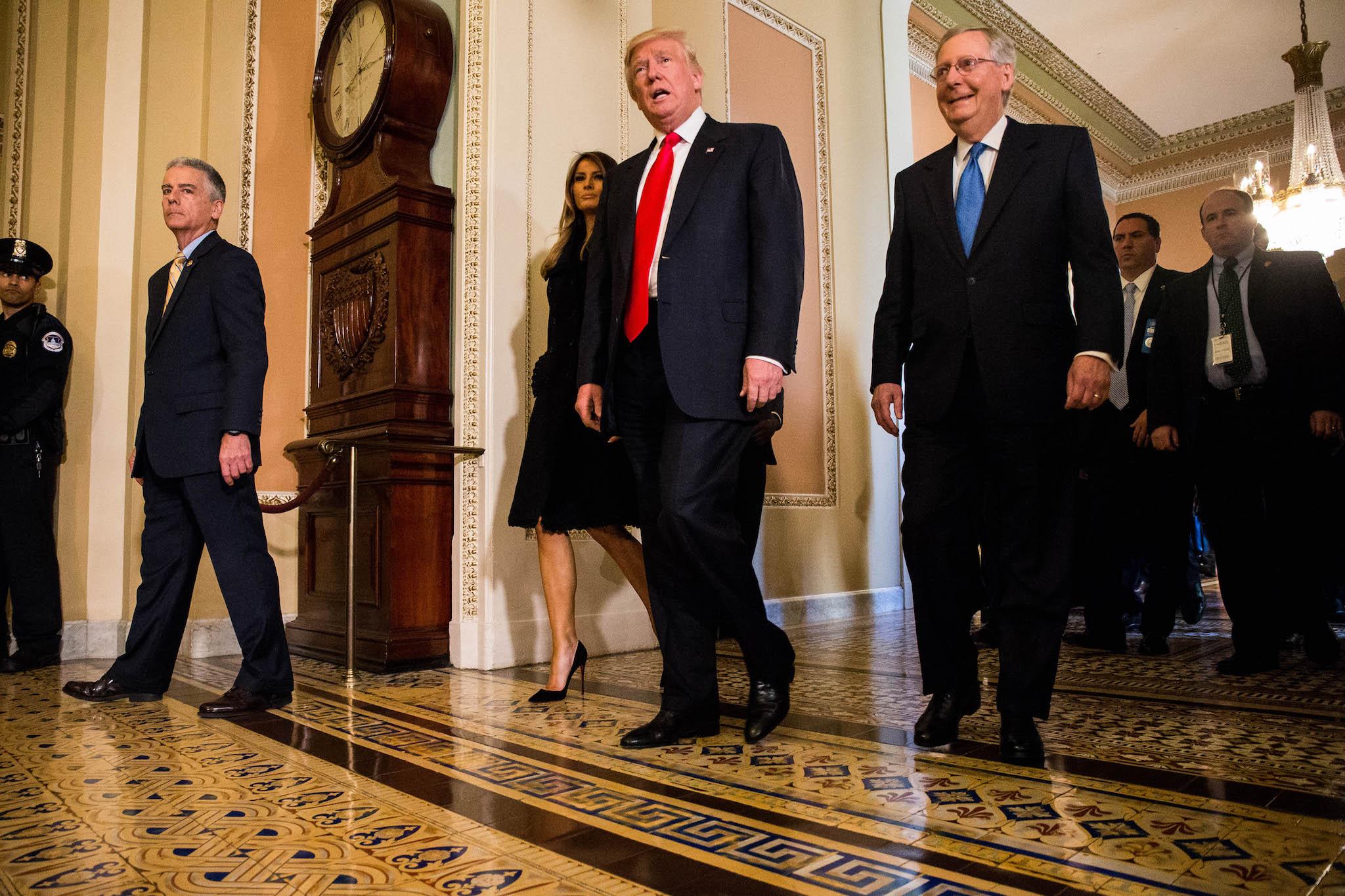 President-elect Donald Trump leaves a meeting with Senate Majority Leader Mitch McConnell (R-KY), at the U.S. Capitol November 10, 2016 in Washington, DC