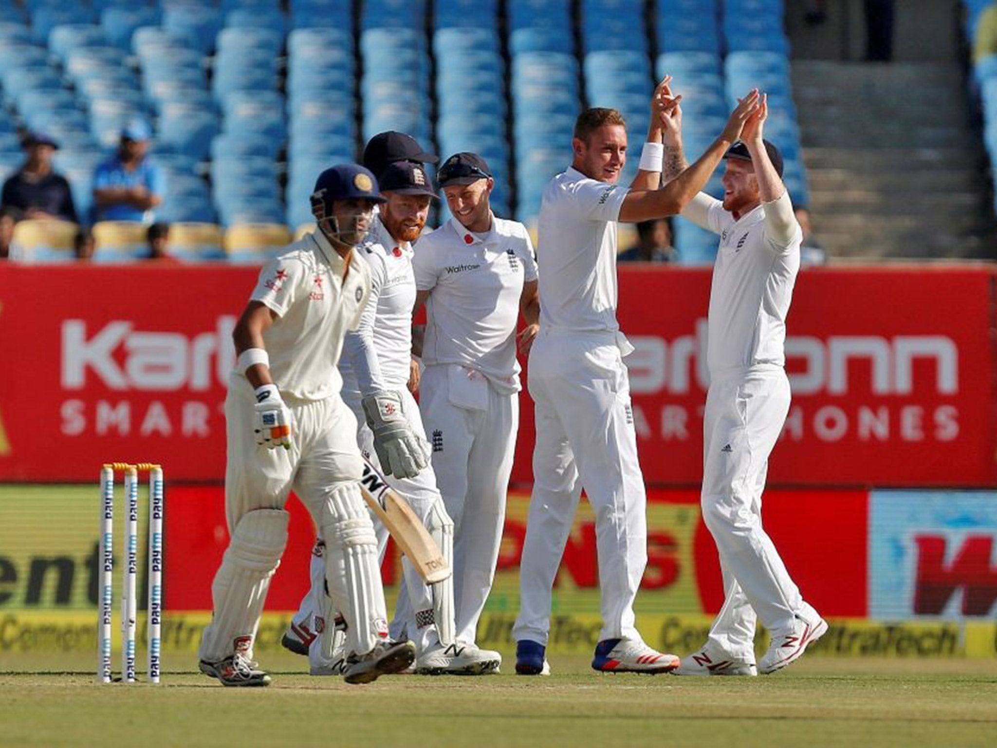 Stuart Broad celebrates taking the wicket of Gautam Gambhir early on day three