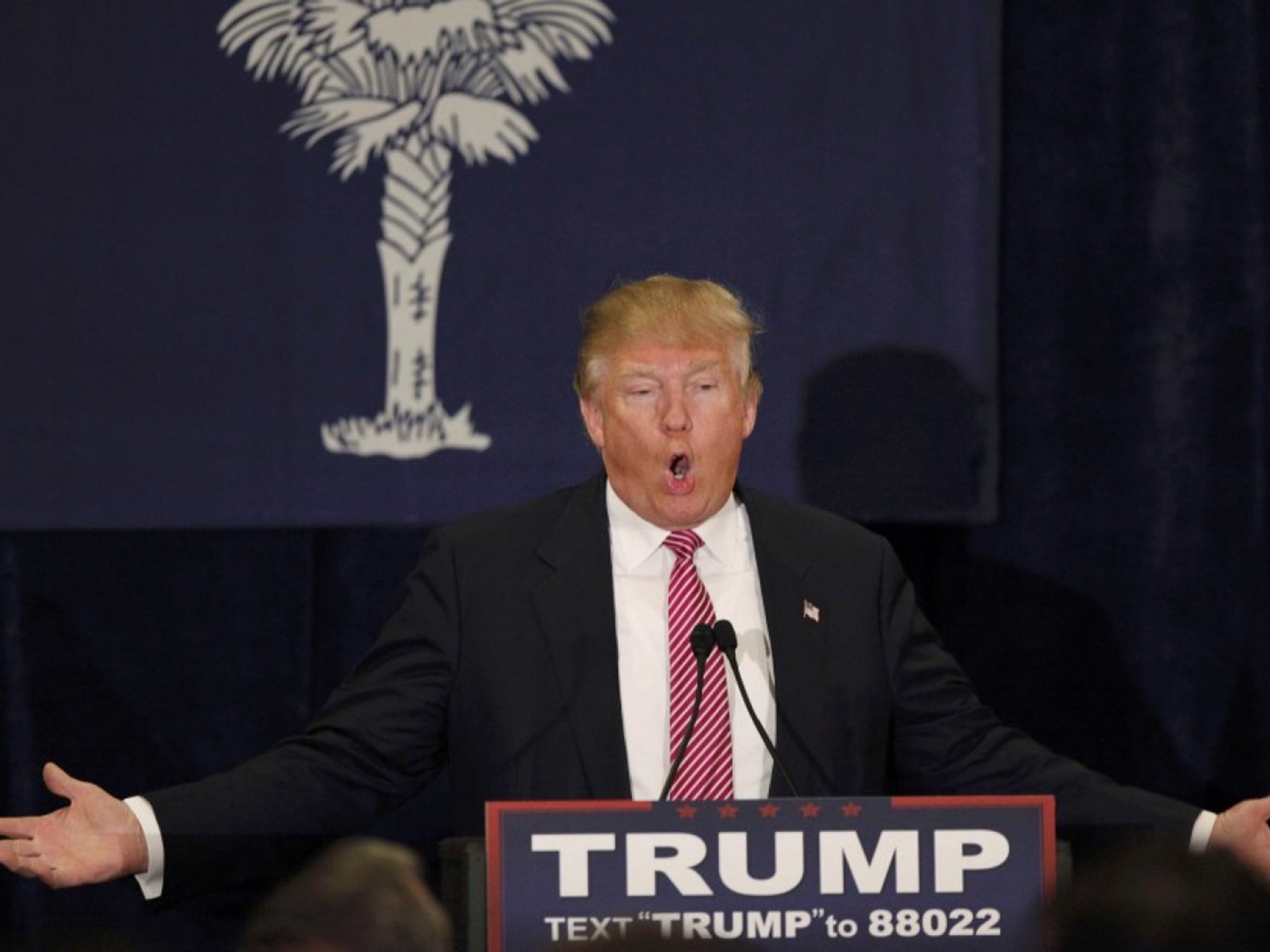 Donald Trump speaks at a campaign town hall meeting in Mount Pleasant, South Carolina, in February