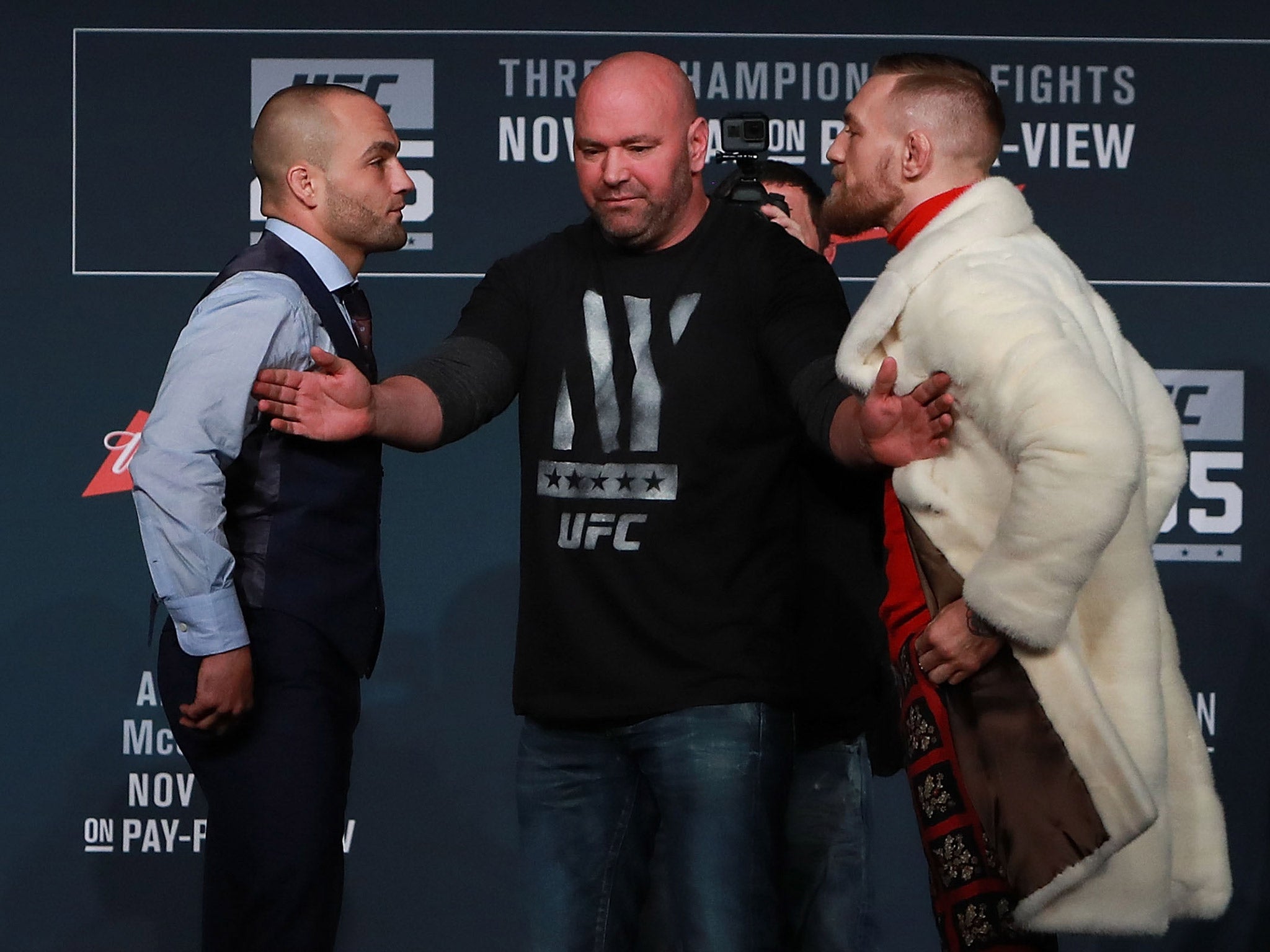 Alvarez and McGregor had to be held apart by UFC president Dana White