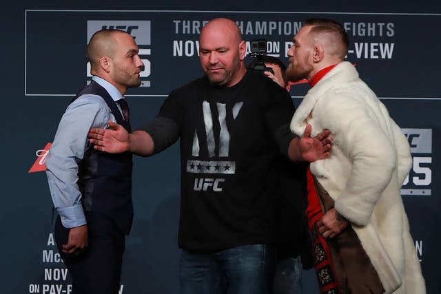 Alvarez and McGregor had to be held apart by UFC president Dana White