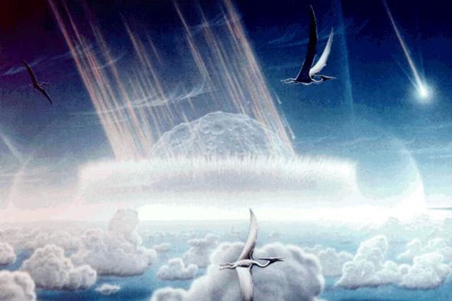 <p>An artists impression of the Chicxulub asteroid which is believed to have wiped out the dinosaurs</p>