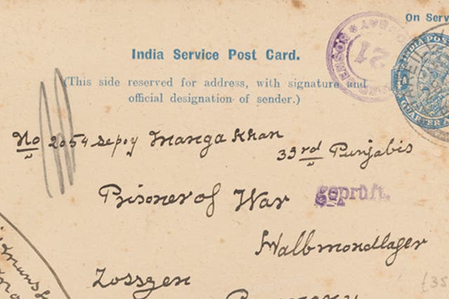Postcard sent to ‘LIEUT For Officer Commanding depot 33rd Punjabis’ by Sepoy Manga Khan, 33rd Punjabis, who was a prisoner of war at Halbmondlager in Zossen, Germany