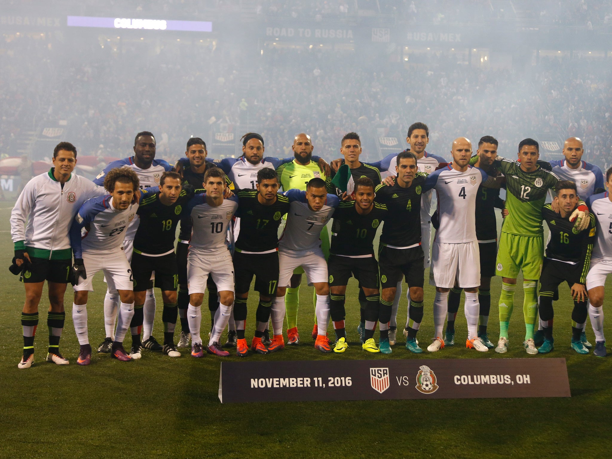 US and Mexico players unite for a team photo ahead of their World Cup qualifier in Colombus