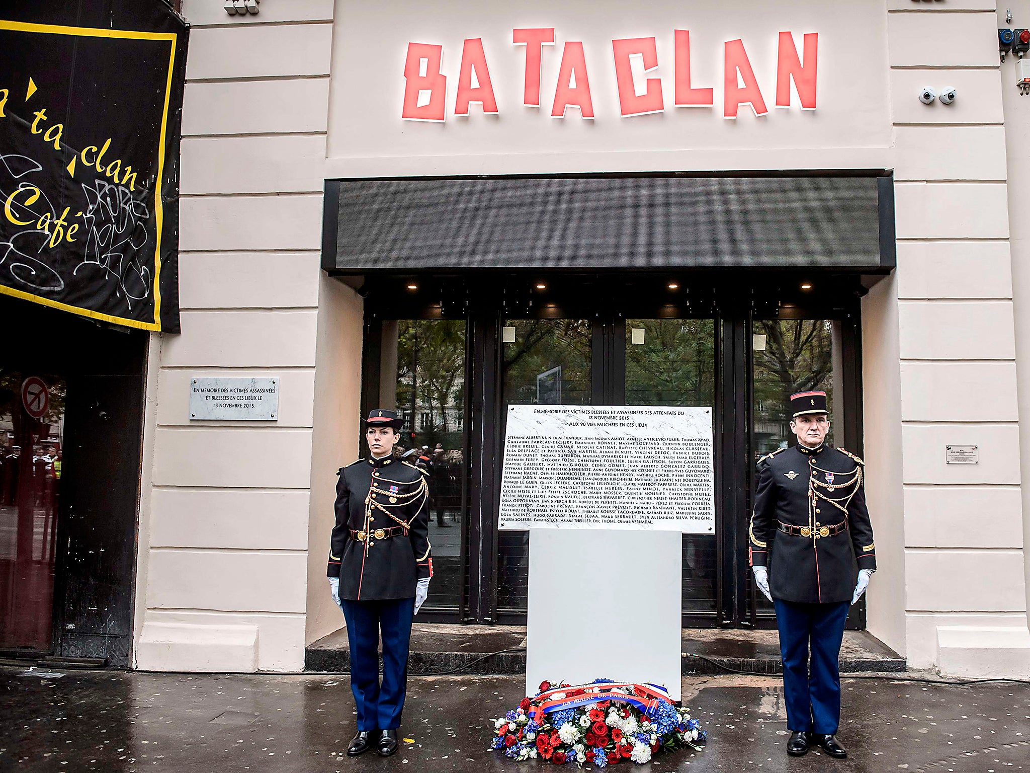 A plaque outside the reopened Bataclan theatre yesterday, on the first anniversary of the murder of 89 concert goers there