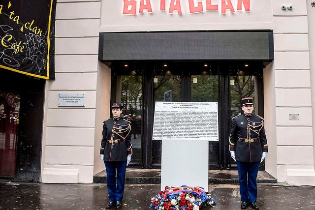 A commemorative plaque unveiled by French President Francois Hollande and Paris Mayor Anne Hidalgo is seen in front of the Bataclan concert hall, in Paris, France