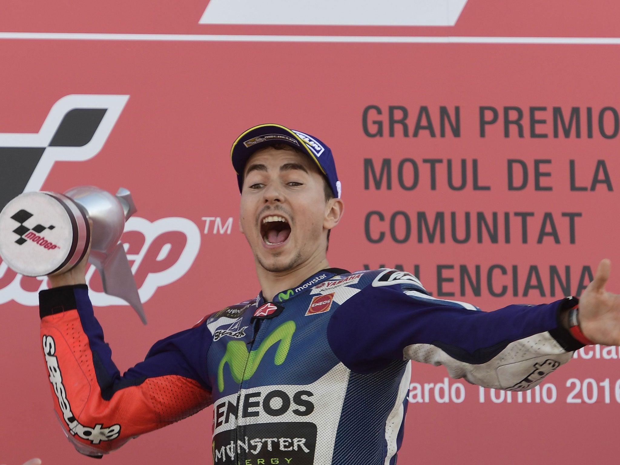 Jorge Lorenzo celebrates his victory in the Valencia Grand Prix