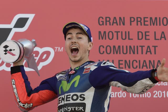 Jorge Lorenzo celebrates his victory in the Valencia Grand Prix
