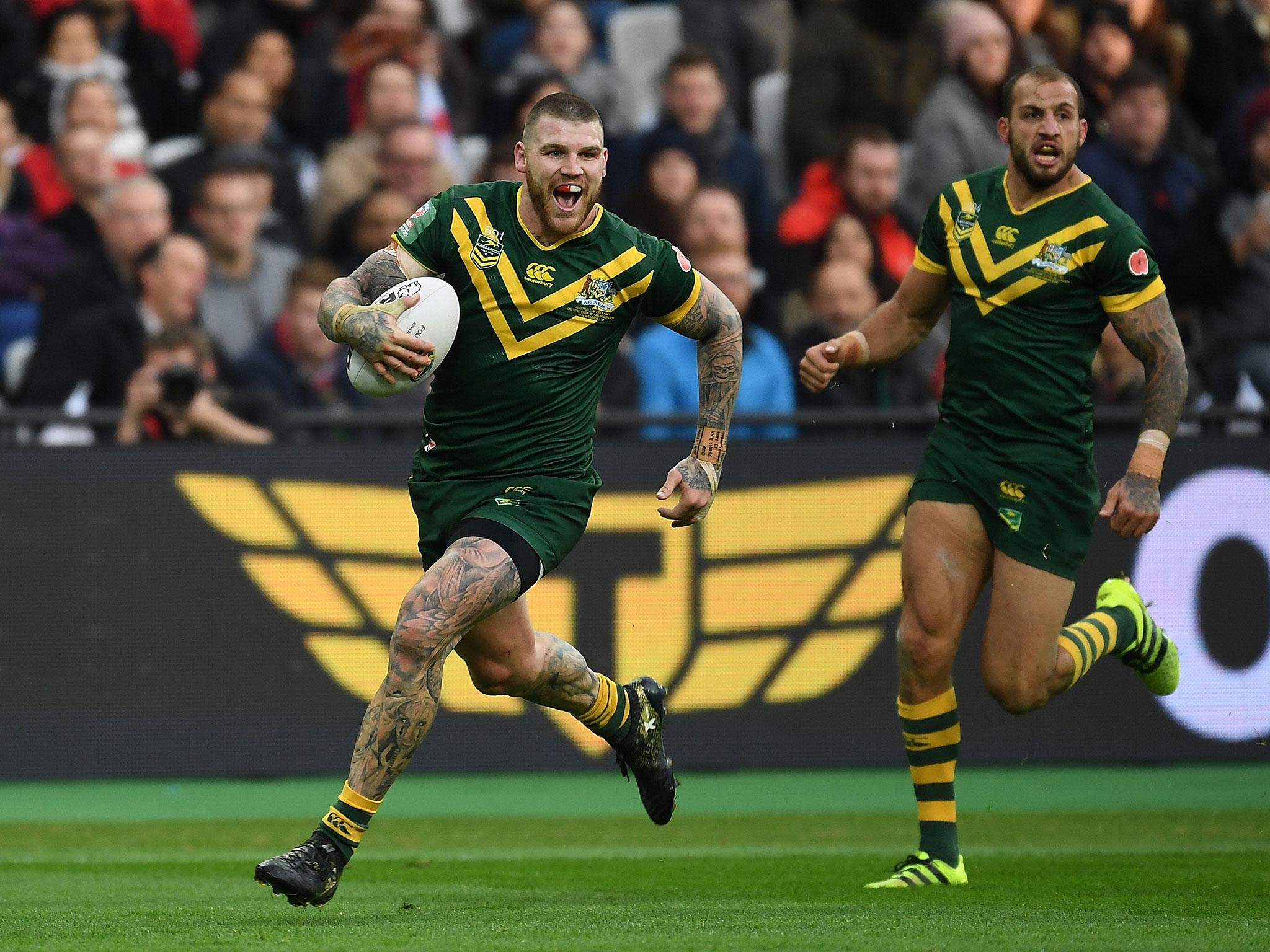 Josh Dugan goes over for Australia at the London Stadium (Getty )