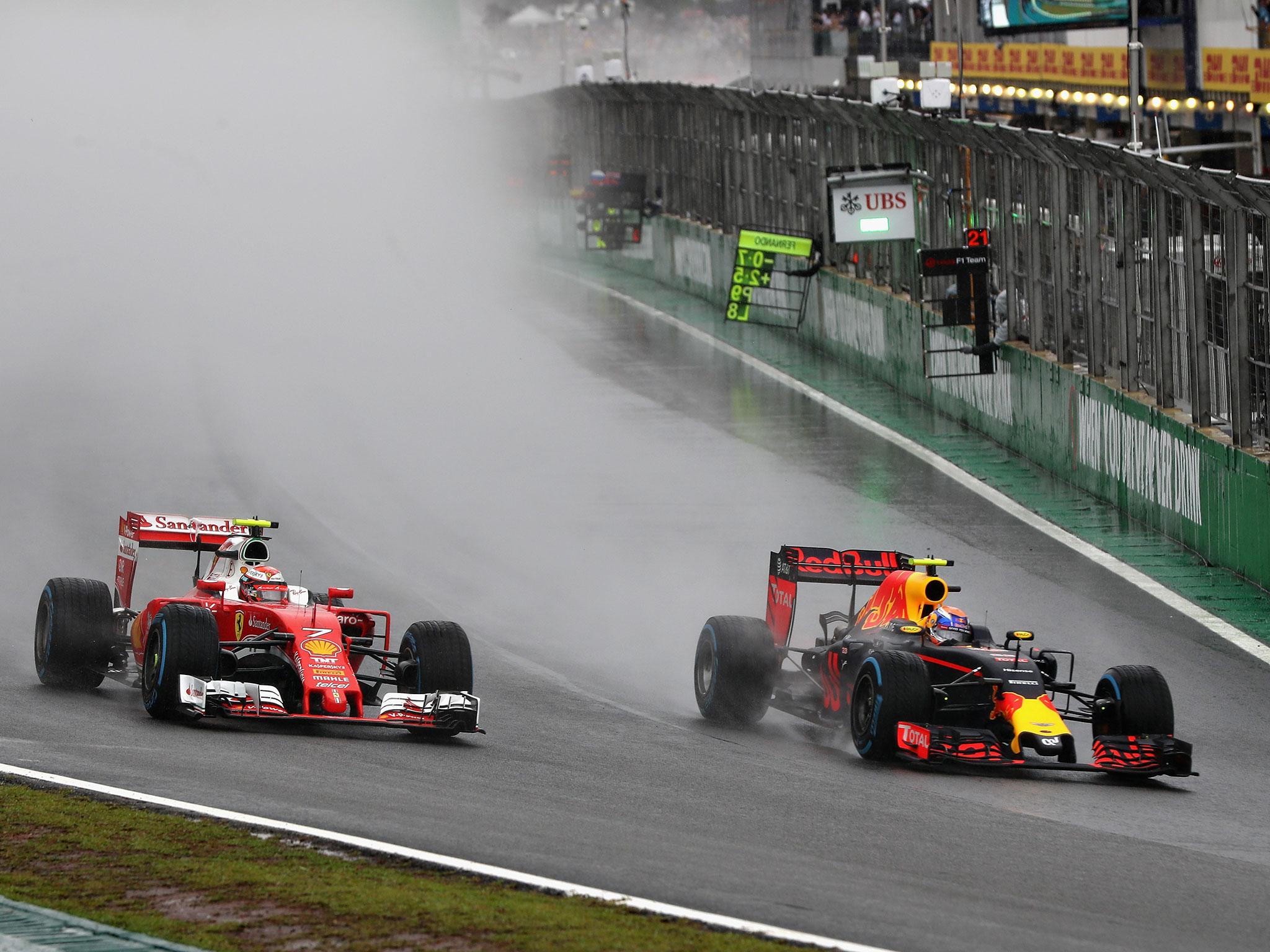 Max Verstappen passes Kimi Raikkonen towards the start of the Grand Prix