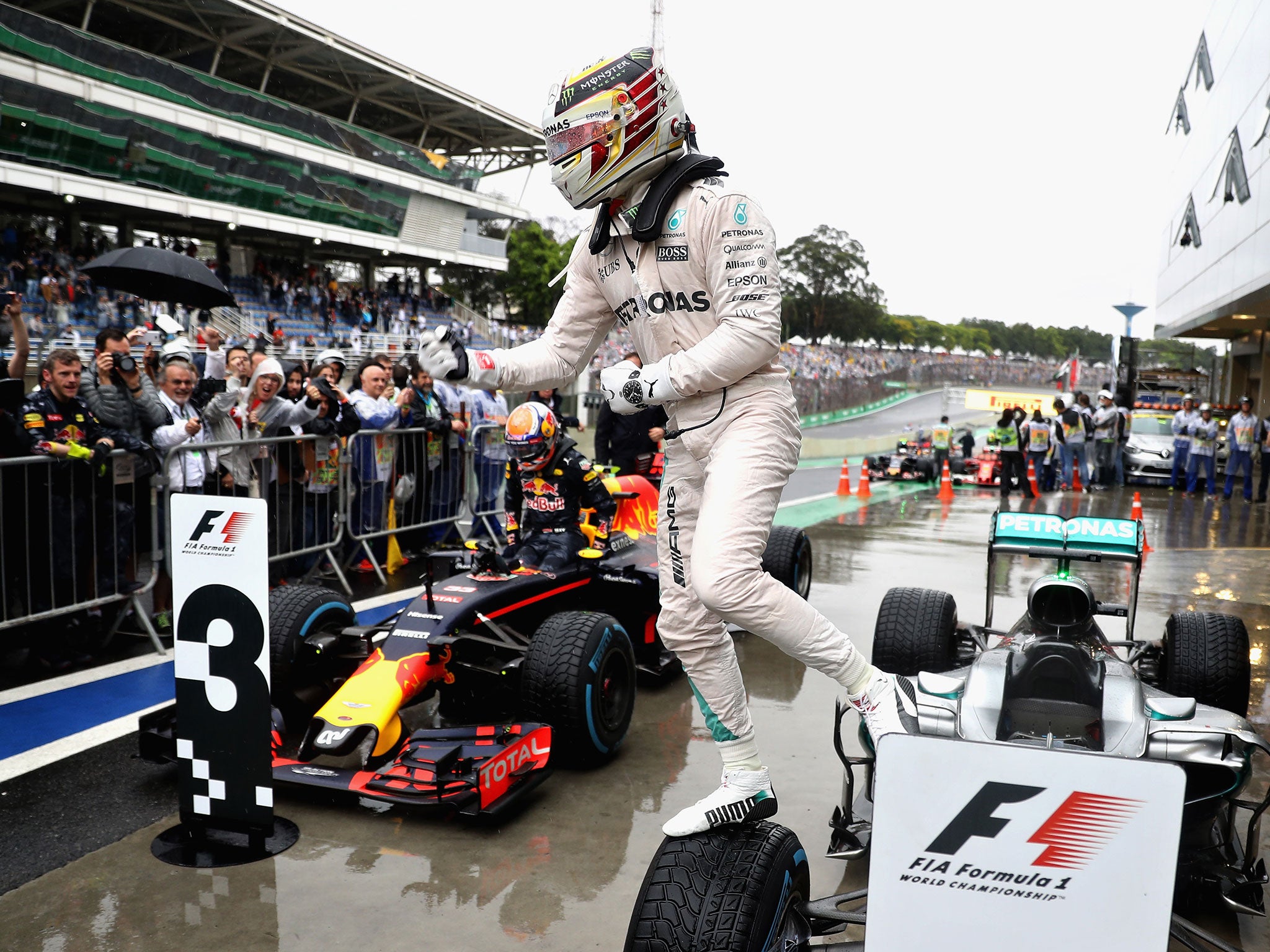 Hamilton celebrates winning the Brazilian Grand Prix