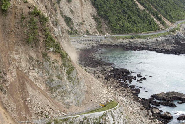 Landslide damage to State Highway One near Ohau Point on the South Island's east coast