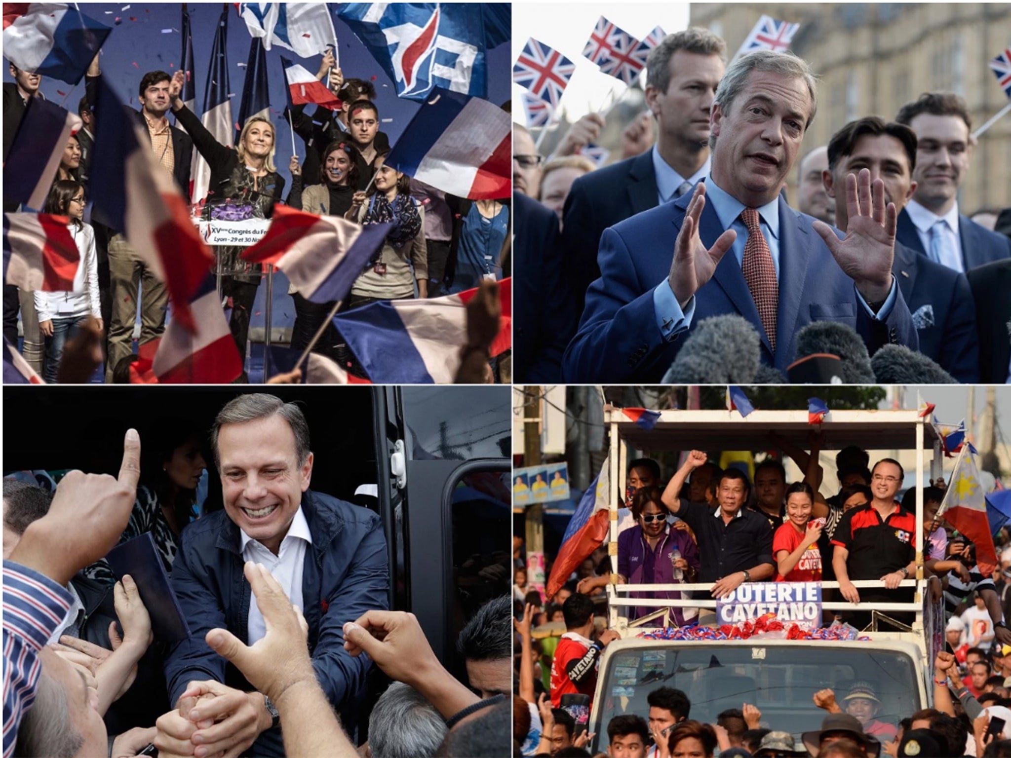 Marine Le Pen of France’s far-right National Front, Nigel Farage of UKIP and Brexit campaigner, Rodrigo Duterte of the Philippines and Sao Paulo Mayor João Doria