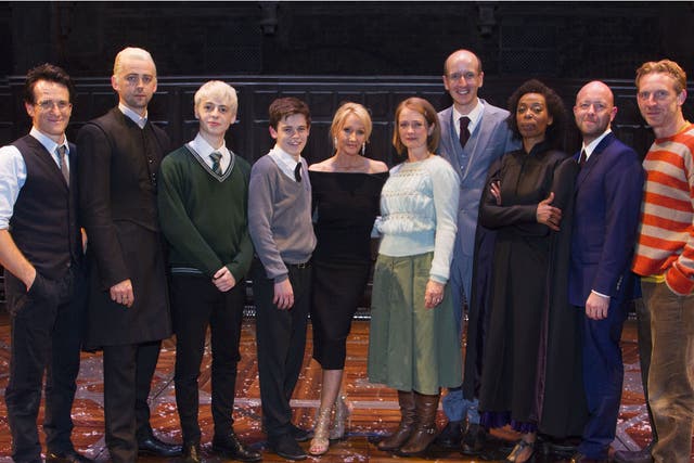 The cast of the West End production of Harry Potter and the Cursed Child with author J.K. Rowling