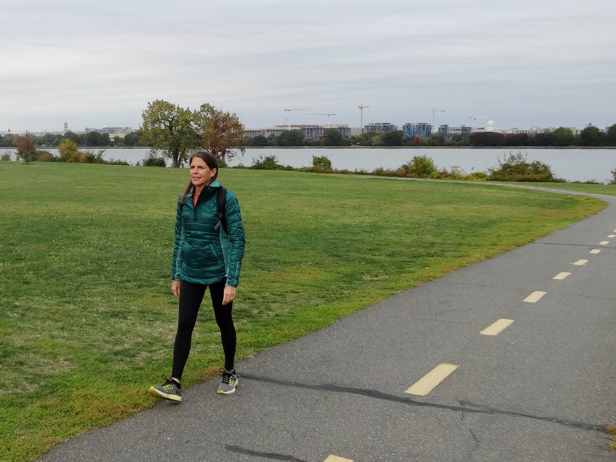 Jenny Rough walks along a path at Gravelly Point in Virginia, near the George Washington Memorial Parkway